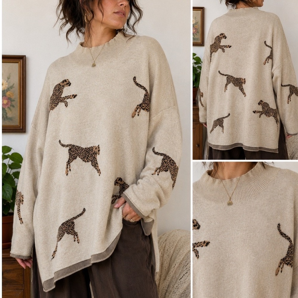 Entro Cheetah Sweater Large Animal Print Mock Neck Quiet Luxury Knit Top